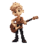 short blonde hair, nonbinary, brown acoustic guitar. black pants and bright orange funky shirt with designs. short stature