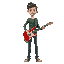 tall, skinny, brown hair- short middle parted, green sweater and blue jeans. holding red electric guitar. indie coded