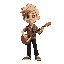 short blonde hair, nonbinary, brown acoustic guitar. black pants and colorful funky shirt. short stature