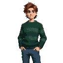 masculine nonbinary with mid length brown hair. stripped forest green sweater and baggy blue jeans. 
