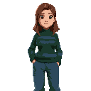 nonbinary with mid length brown hair. stripped forest green sweater and baggy blue jeans. 