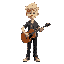short blonde hair, nonbinary, brown acoustic guitar. black pants and funky shirt 