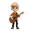 short blonde hair, nonbinary, brown acoustic guitar. black pants and bright orange funky shirt with designs. short stature. indie 