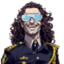 "a man with long, curly hair wearing futuristic white sunglasses, smiling widely. he is dressed in a formal russian police or military uniform with epaulettes and golden insignias. the background is b