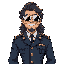 "a man with long, curly hair wearing futuristic white sunglasses, smiling widely. he is dressed in a formal russian police or military uniform with epaulettes and golden insignias. the background is b