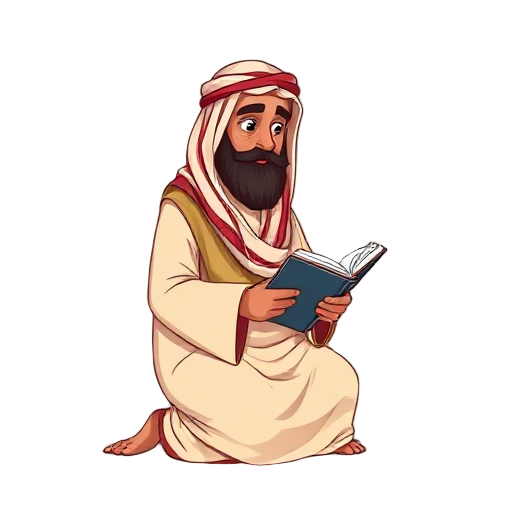 an arab man wearing traditional clothing and a headscarf (keffiyeh) with a long beard and no mustache. he stands calmly, then slowly sits down on the ground and begins reading a book. the movement should be smooth and natural, with realistic fabric motion