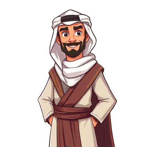 a man wearing traditional arab clothing, including a headscarf (keffiyeh) and a flowing robe, with a confident expression. the outfit is detailed, showcasing intricate fabric textures and a classic, dignified style, with a warm desert backdrop.