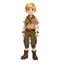 a 9 year old boy, medium length light yellow hair. he is dressed as a scout and adventurer. he wears a short-sleeved khaki boy scout shirt adorned with various emblems and patches, and olive green or brown cargo pants with multiple pockets. on his feet, h