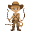 boy scout with indiana jones hat, blond hair and blue eyes, wearing boots, carrying a bow and a lasso.