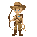 boy scout with indiana jones hat, blond hair and blue eyes, wearing boots, carrying a bow and a lasso.