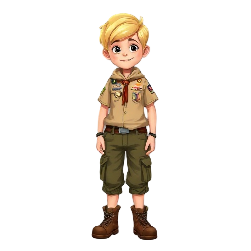 a 9 year old boy, medium length light yellow hair. he is dressed as a scout and adventurer. he wears a short-sleeved khaki boy scout shirt adorned with various emblems and patches, and olive green or brown cargo pants with multiple pockets. on his feet, h