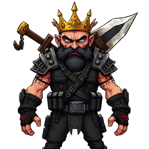 a ruthless post-apocalyptic raider wearing a blood-stained golden crown with spikes. he’s armored in a black tactical vest with crossed ammo belts, heavy spiked shoulder pads, and chains. wields a massive homemade blade on his back. dark, rugged pants com