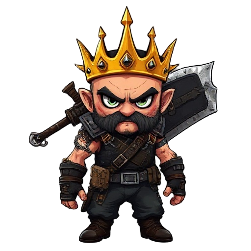 a ruthless post-apocalyptic raider wearing a blood-stained golden crown with spikes. he’s armored in a black tactical vest with crossed ammo belts, heavy spiked shoulder pads, and chains. wields a massive homemade blade on his back. dark, rugged pants com