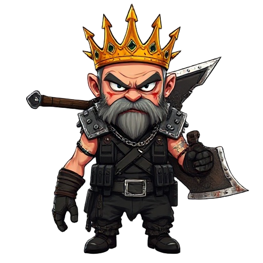 a ruthless post-apocalyptic raider wearing a blood-stained golden crown with spikes. he’s armored in a black tactical vest with crossed ammo belts, heavy spiked shoulder pads, and chains. wields a massive homemade blade on his back. dark, rugged pants com