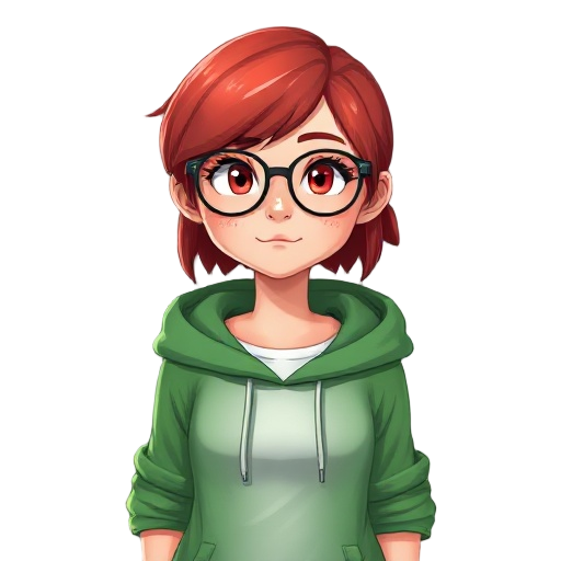 girl, red hair, glasses, green hoodie, white t-shirt, freckles,