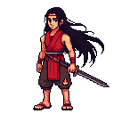 side-scrollingmain characterthai warriorlongblack hairflowingbackwardredheadbandredarmbandslongayutthayastylethaisword in right handsleevelessredshirttornshortbrownpantssandalsredscarfpixelartdarkfantasygothicstyle