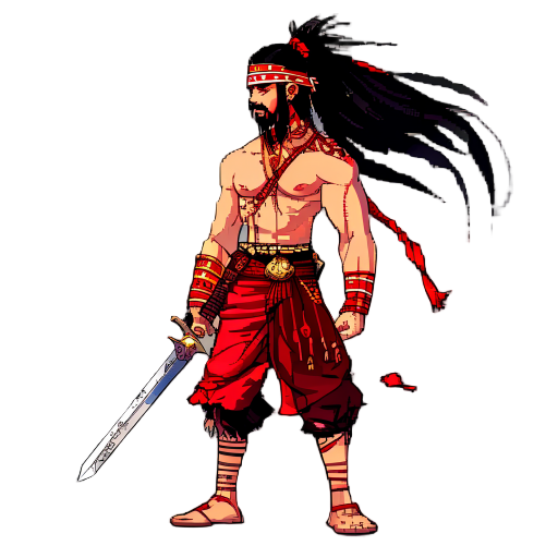 side-scrollingmain characterthai warriorlongblack hairflowingbackwardredheadbandredarmbandslongayutthayastylethaisword in right handsleevelessredshirttornshortbrownpantssandalsredscarfpixelartdarkfantasygothicstyle withswordanicentandcoolfacewithbeard20ye