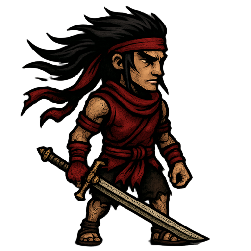 side-scrolling thai warrior long black spiky hair flowing backward, red headband and red armbands long ayutthaya-style thai sword in right hand, sleeveless red shirt, torn short brown pants, sandals, red scarf, dark fantasy style inspired by blasphemous, 