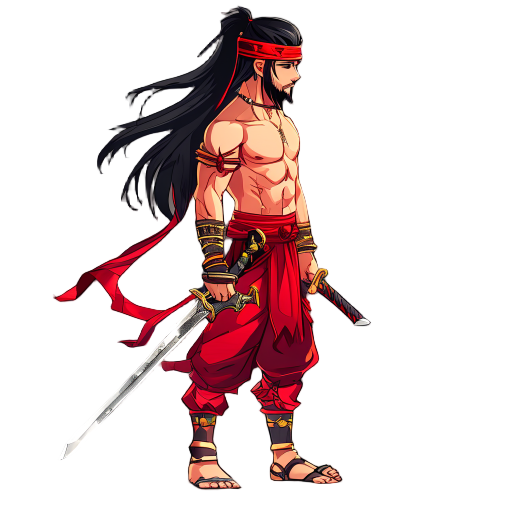 side-scrollingmain characterthai warriorlongblack hairflowingbackwardredheadbandredarmbandslongayutthayastylethaiswordinright handsleevelessredshirttornshortbrownpantssandalsredscarfpixelartdarkfantasygothicstyle withswordanicentandcoolfacewithbeard20year