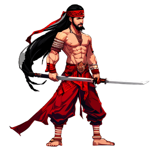 side-scrollingmain characterthai warriorlongblack hairflowingbackwardredheadbandredarmbandslongayutthayastylethaiswordinright handsleevelessredshirttornshortbrownpantssandalsredscarfpixelartdarkfantasygothicstyle withswordanicentandcoolfacewithbeard20year