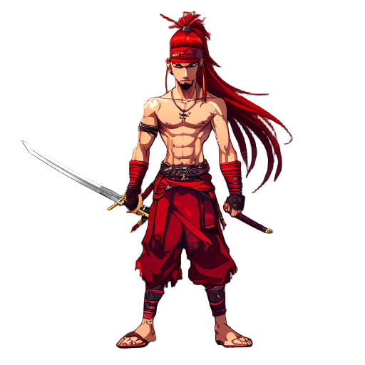 sidescrollingcharacterthaiwarriorlongblackhairflowingbackwardredheadbandredarmbandslongayutthayastylethaiswordinright handsleevelessredshirttornshortbrownpantssandalsredscarfpixelartdarkfantasygothicstyle withswordanicentandcoolfacewithbeard20yearsoldcool