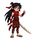 side-scrollingthai warrior long black hair flowing backward red headband, red armbands, long ayutthaya-style thai sword in right hand, sleeveless red shirt, torn short brown pants, sandals, red scarfdark fantasywith sword ancient ayutthaya and shirt red s