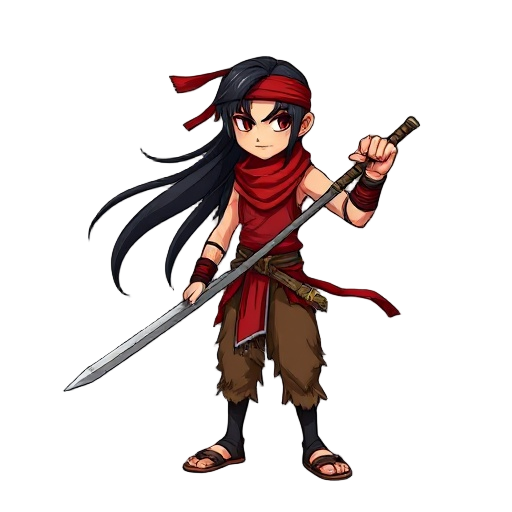 side-scrolling main character, thai warrior, long black hair flowing backward, red headband, red armbands, long ayutthaya-style thai sword in right hand, sleeveless red shirt, torn short brown pants, sandals, red scarfdark fantasy