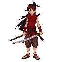 side-scrolling main character, thai warrior, long black hair flowing backward, red headband, red armbands, long ayutthaya-style thai sword in right hand, sleeveless red shirt, torn short brown pants, sandals, red scarfdark fantasywith sword ancient ayutth