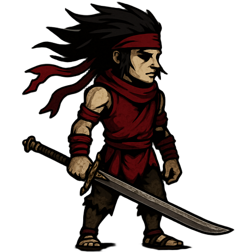 side-scrolling thai warrior, long black spiky hair flowing backward, red headband and red armbands, long ayutthaya-style thai sword in right hand, sleeveless red shirt, torn short brown pants, sandals, red scarf, dark fantasy style inspired by blasphemous