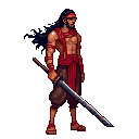 side-scrollingmain characterthai warriorlongblack hairflowingbackwardredheadbandredarmbandslongayutthayastylethaisword in right handsleevelessredshirttornshortbrownpantssandalsredscarfpixelartdarkfantasygothicstyle withswordanicentandberserkfacen