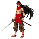side-scrolling main character, thai warrior, long black hair flowing backward, red headband, red armbands, long ayutthaya-style thai sword in right hand, sleeveless red shirt, torn short brown pants, sandals, red scarfdark fantasy
