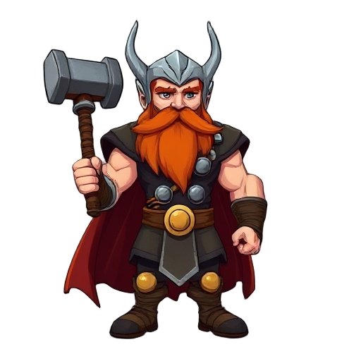 thor the norse god, terraria style, large, red beard and hair, holding iconic hammer
