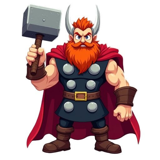 thor the norse god, terraria style, large, red beard and hair, holding iconic hammer