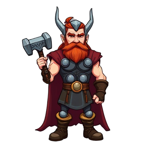 thor the norse god, terraria style, large, red beard and hair, holding iconic hammer