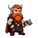 thor the norse god, terraria style, large, red beard and hair, holding iconic hammer