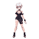 fighting game character sprite with revealing clothing, long nails, short white hair, and pale pink skin.