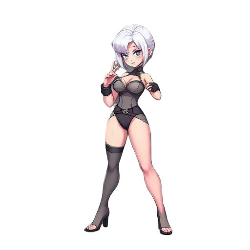 3-quarter pose to the right,fighting game character sprite with revealing clothing, long nails, short white hair, and pale pink skin