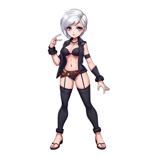 fighting game character sprite with revealing clothing, long nails, short white hair, and pale pink skin.