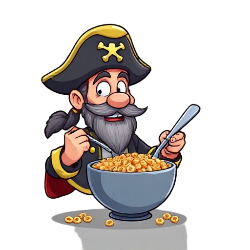 pirate captain eating a bowl of cereal