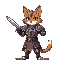 generate a 3/4 view illustration of a bipedal cat warrior in a medieval fantasy-style suit of armor, holding a sword out in a heroic stance. the design should be extremely simple and cartoonish, with 