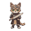 generate a 3/4 view of a chibi bipedal cat warrior in simple medieval armor, holding a basic sword. keep it cute, with flat colors, minimal detail, and a blank background.