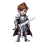 silver armor knight, with a big onduled brown hair, with a onduled great sword.