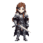 silver black armor knight big shoulders, with a big long girl brown hair, with a onduled wavy sword.