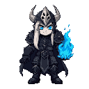 death knight, white hair, long hair, blue eyes, heavy armor, black armor, skull helm, blue flaming fire from hands