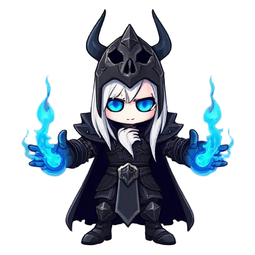 death knight, white hair, long hair, pale skin, blue empty eyes, heavy armor, black armor, skull helm, flaming blue fire on each hands, raising hands, ethereal aura