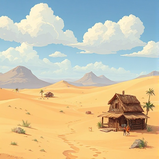 um deserto, onde cidades feitas de areia são avistadas ao fundo. ao redor, casas feitas de areia, mas o local tá vazio, dando uma sensação de imersão.