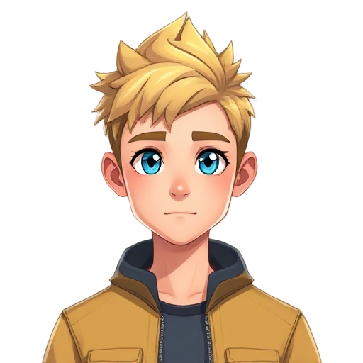 a 20-year-old man, 5'7" tall. short, spiky golden hair. blue eyes and a blue jacket. 