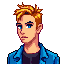 a 20-year-old man, 1,73 tall. short, spiky golden hair. blue eyes and a blue jacket with black shirt.
