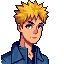 a 20-year-old man, 5'7" tall. short, spiky golden hair. blue eyes and a blue jacket. 