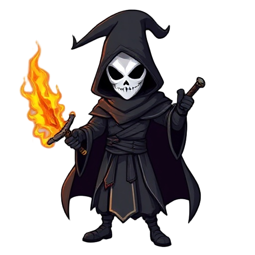 black mage with white mask, spectral fire sword look dangerous